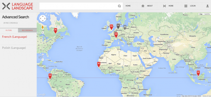 Figure 5: A custom sub-map: Recordings of either French or Polish made after 24 January 2012. The filters on the left show recordings and their corresponding search terms in different languages such as French (red) and Polish (grey).